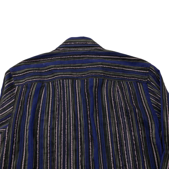 Jhane Barnes Mens Button Up Party Shirt Sz M Blue Black Purple Striped Embroider - Picture 7 of 7